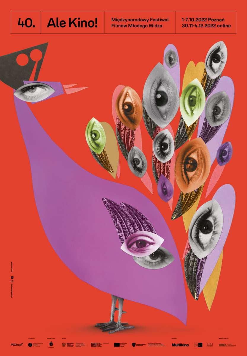 Plakat 40. Festiwalu Ale kino! przedstawiający fioletowego pawia na czerwonym tle