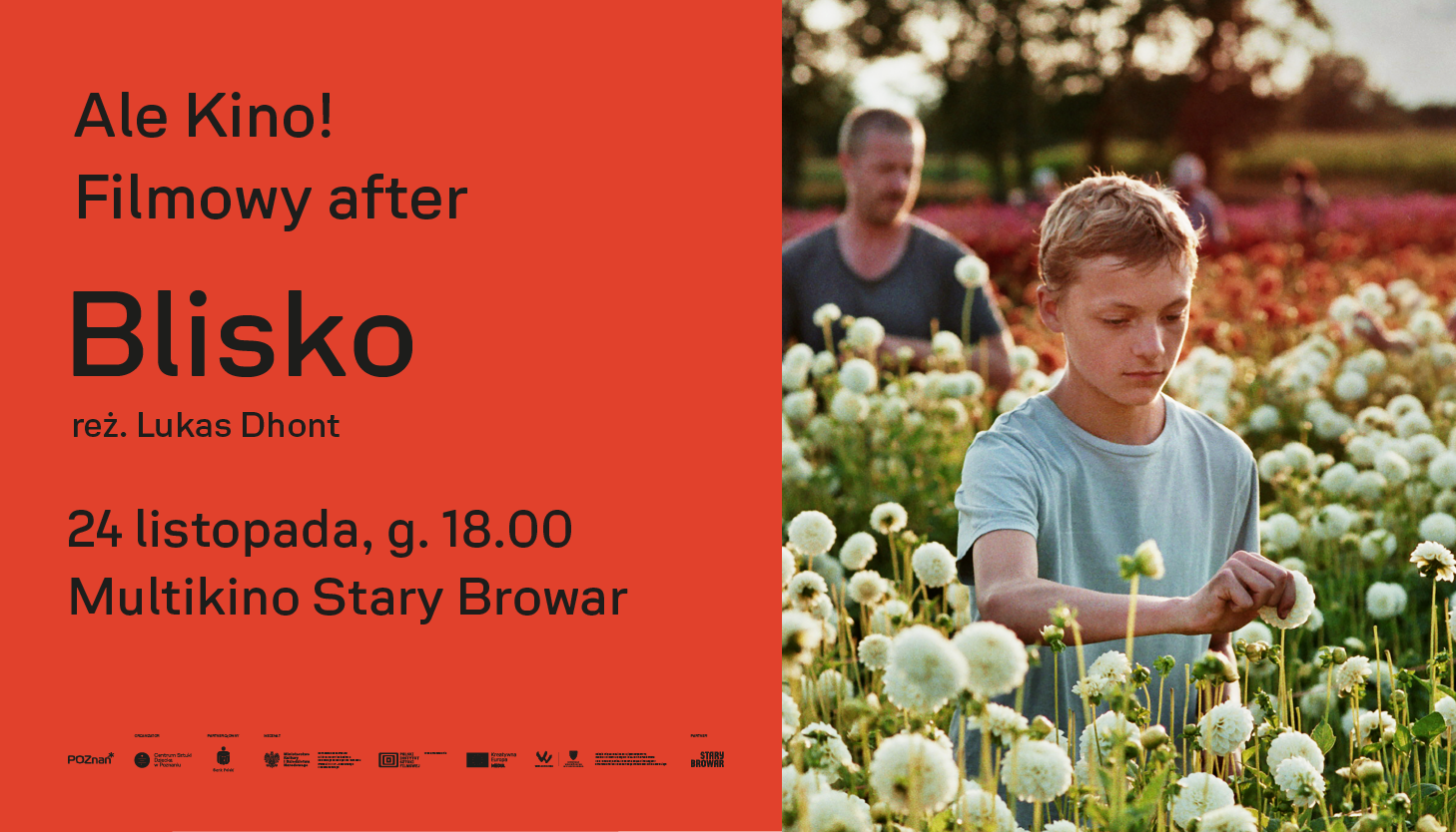 GRafika z napisem na czerwonym tle i kadrem z filmu Blisko z chłopcem wśród kwiatów