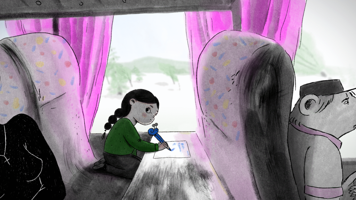 animowana dziewczynka w autokarze