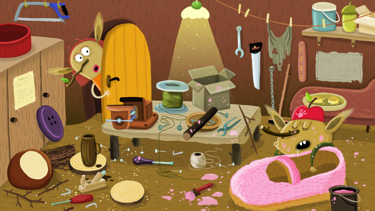 Jedna animowana postać patrzy do pokoju, w którym znajduje się śpiąca animowana postać i bałagan