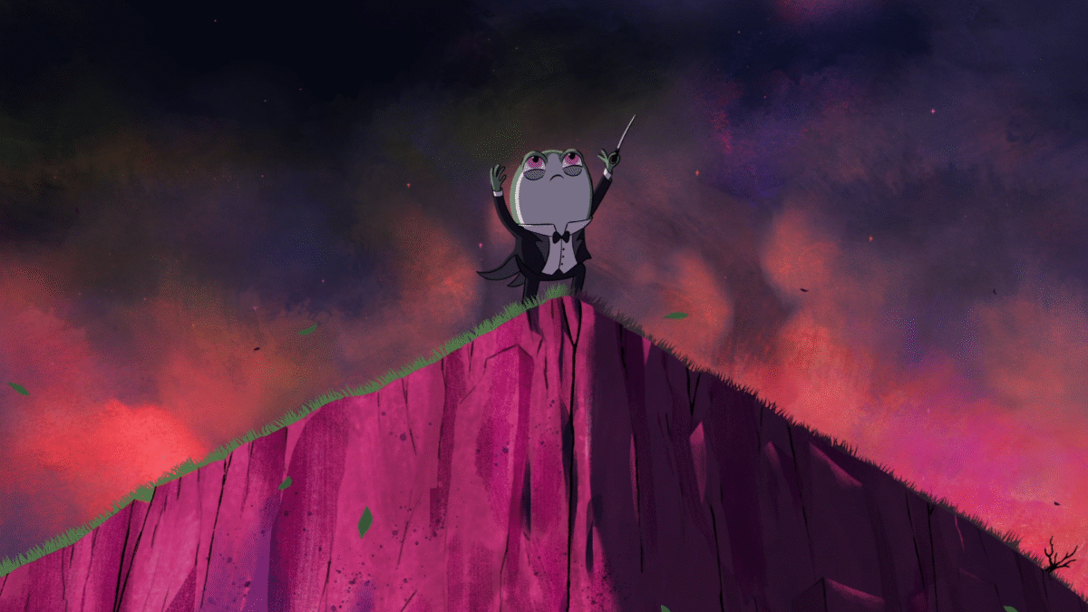 Ryba ubrana w smoking stoi na skraju klifu