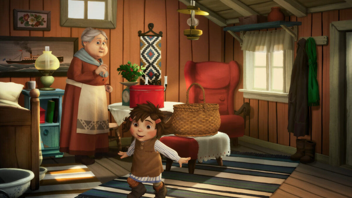 animowany chłopiec z babcią w pomieszczeniu