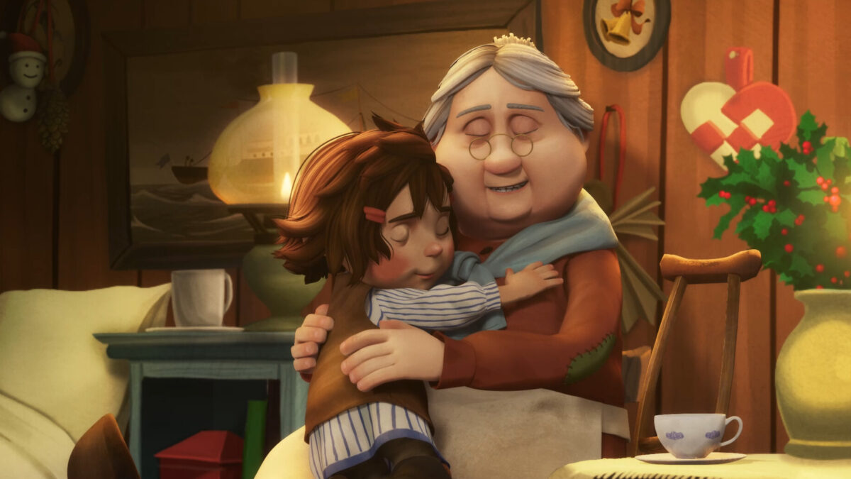 animowana babcia przytula dziewczynkę