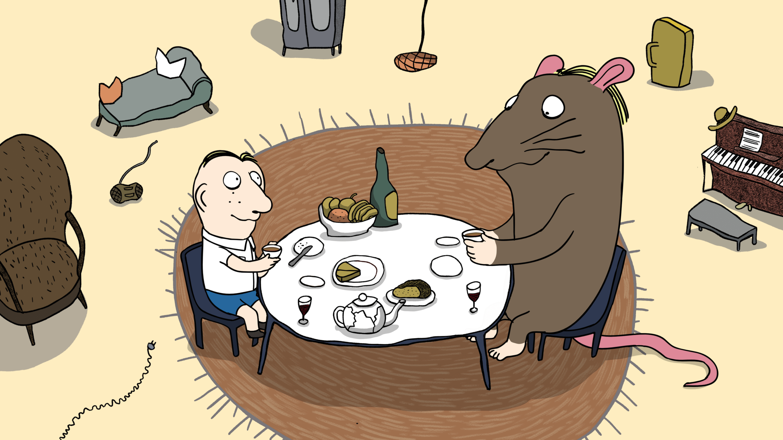 rysunkowy szczur i człowiek przy stole