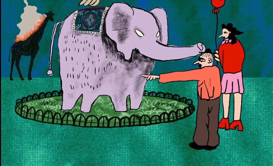 rysunkowe karykaturalne postaci ze słoniem