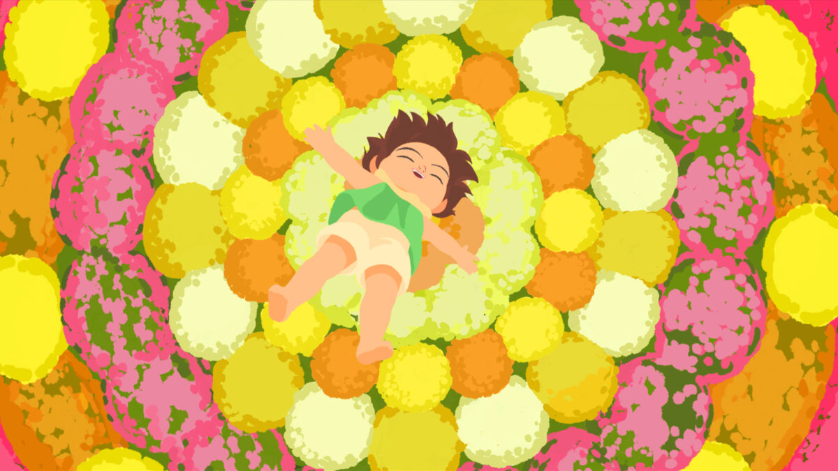 animowane dziecko leży w kwiatach