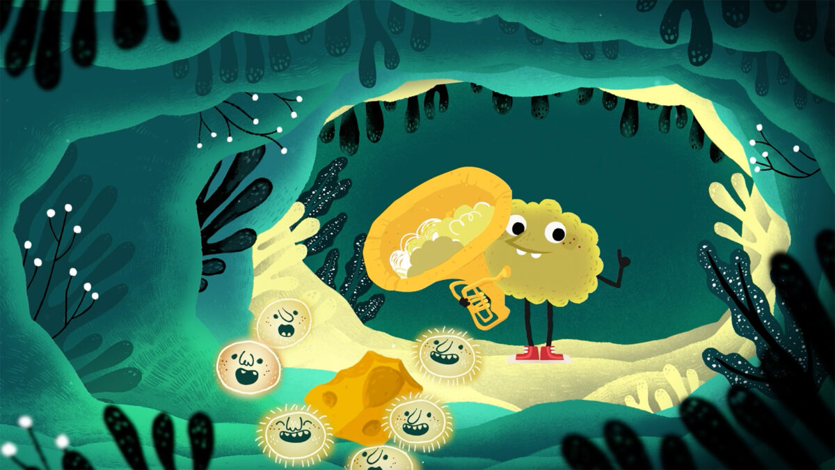 Żółta animowana postać z saksofonem stoi obok grupy małych postaci przy kawałku sera w zielonej jaskini