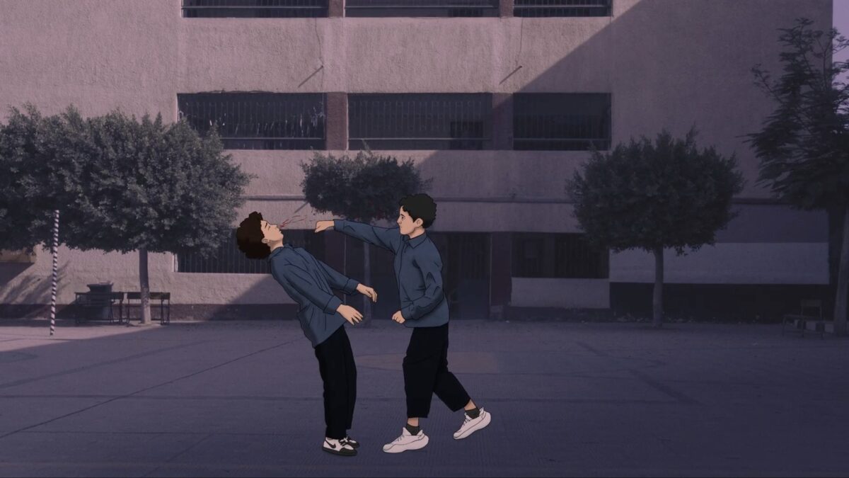 dwóch rysunkowych chłopców na ulicy