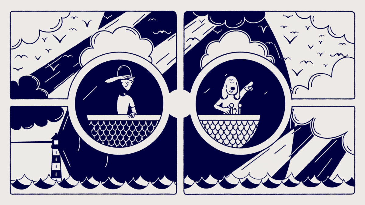 Na balkonie po lewej stoi chłopak, a na balkonie po prawej dziewczyna i razem patrzą w niebo. Obrazek animowany.