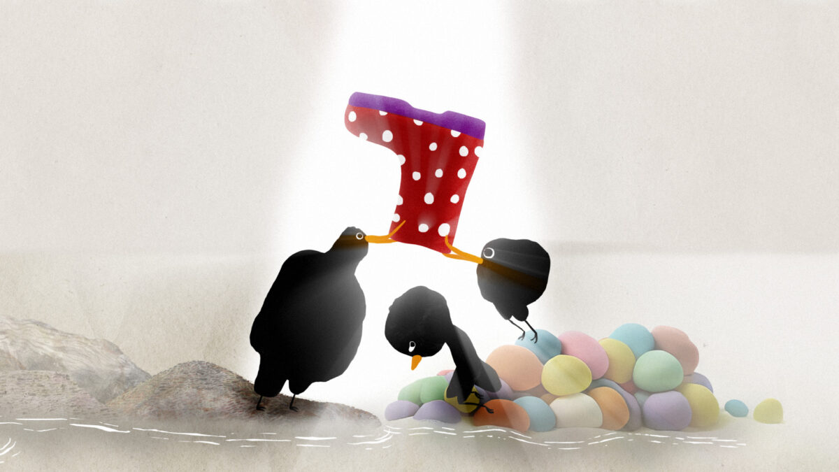 ptaki czarne animowane bawią się butem