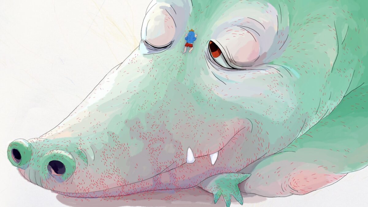 Kadr z filmu - pysk animowanego krokodyla. Na pysku, pomiędzy oczami leży mały człowieczek.