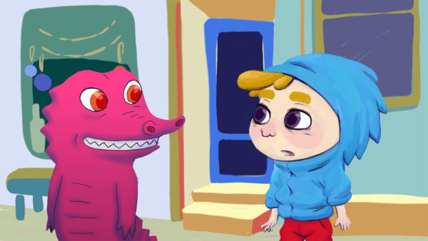 Kadr z filmu animowanego - chłopiec z bluzie i różowy krokodyl patrzą na siebie.