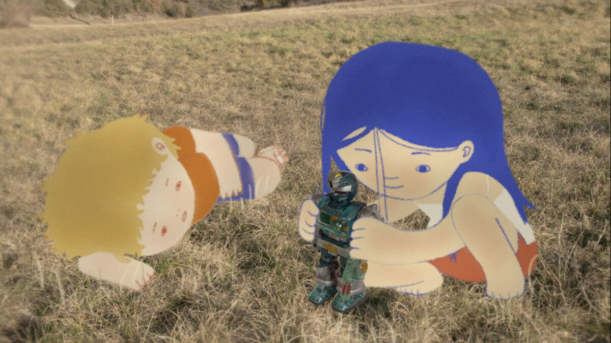 animowana dziewczynka z animowanym chłopcem w polu