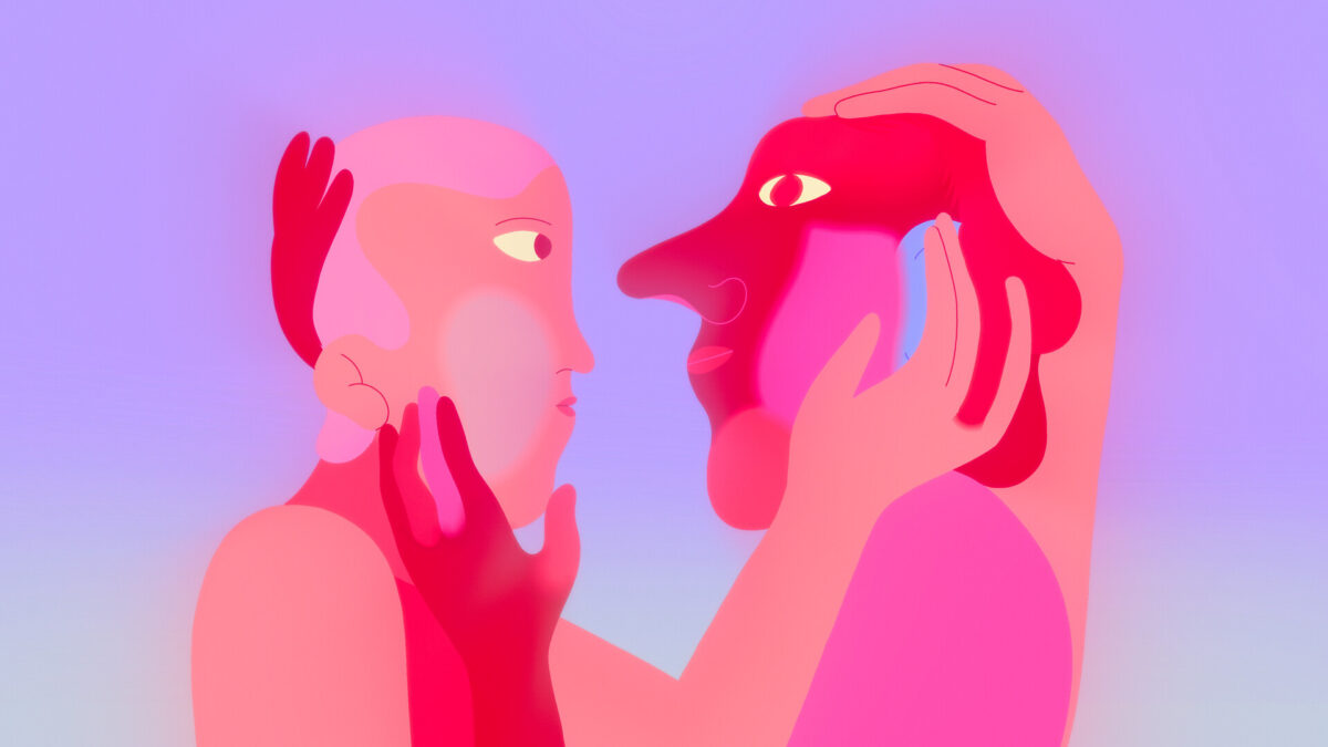 dwie rysunkowe postaci dotykają się za uszy