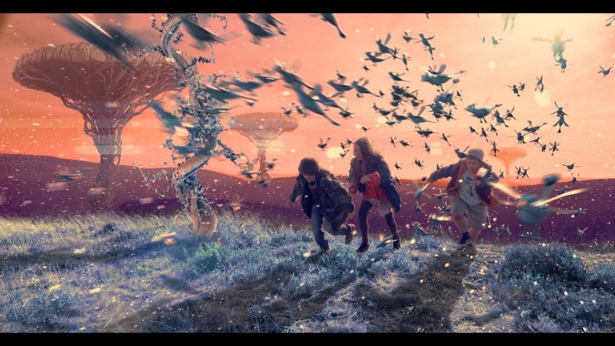 Trzy dzieci biegają po fantastycznym świecie pełnym magicznych owadów