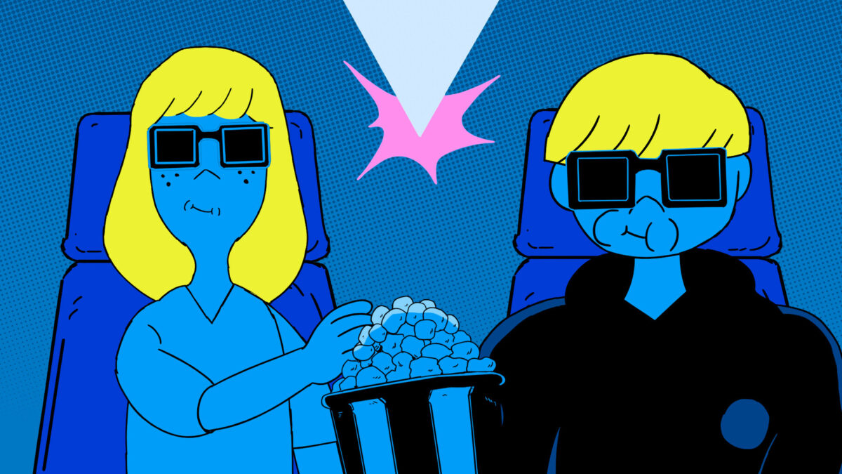 Chłopka i dziewczyna siedzą na fotelach w kinie w okularach, jedzą popcorn i oglądają film