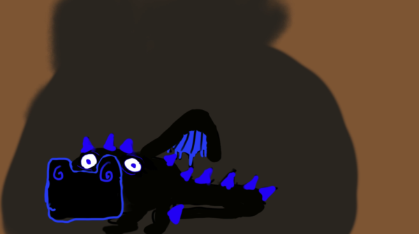 Kadr z filmu animowanego, czarne, uproszczone stworzenie z niebieskimi kolcami i dużymi oczami znajduje się na brązowym tle