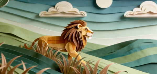 Kadr z filmu animowanego, lew wykonany z papierowych elementów stoi na zielonych wzgórzach, a w tle widoczne są warstwowe chmury i słońce.