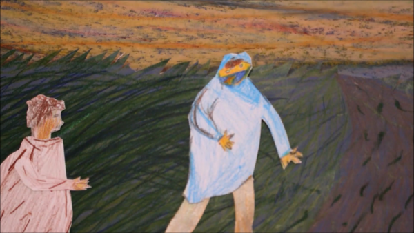 Kadr z filmu animowanego, dwie papierowe postacie stoją na wietrznej łące pod pomarańczowym niebem, a jedna z nich ma na sobie niebieski płaszcz z kapturem.