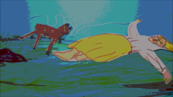 Kadr z filmu animowanego, kolorowa postać leży na ziemi na tle intensywnie niebieskiego krajobrazu, obok której stoi brązowe zwierzę przypominające sarnę.