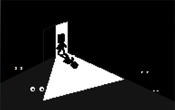 Kadr z filmu animowanego, czarno-biała scena przedstawia postać stojącą w drzwiach, z których pada światło na podłogę.