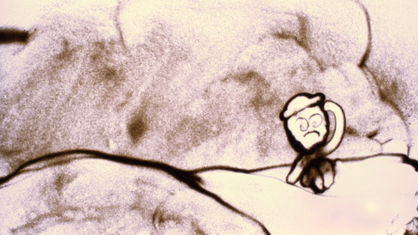 Kadr z filmu animowanego, narysowane zwierzę przypominające rysia znajduje się na tle uproszczonego krajobrazu z drzewami.