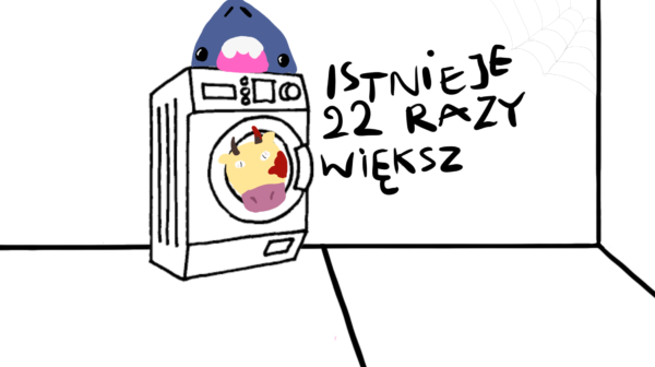 Kadr z filmu animowanego, rysunkowa pralka z otwartym oknem, w środku widoczna stylizowana głowa zwierzęcia, obok napis na ścianie.