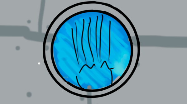 Kadr z filmu animowanego, okrągłe okno przypominające bulaj pokazuje niebieską wodę i uproszczony zarys twarzy.