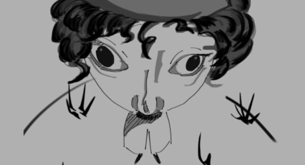 Kadr z filmu animowanego, dwie postacie stoją naprzeciw siebie w pomieszczeniu, a jedna z nich wykonuje gest ręką w stronę drugiej.