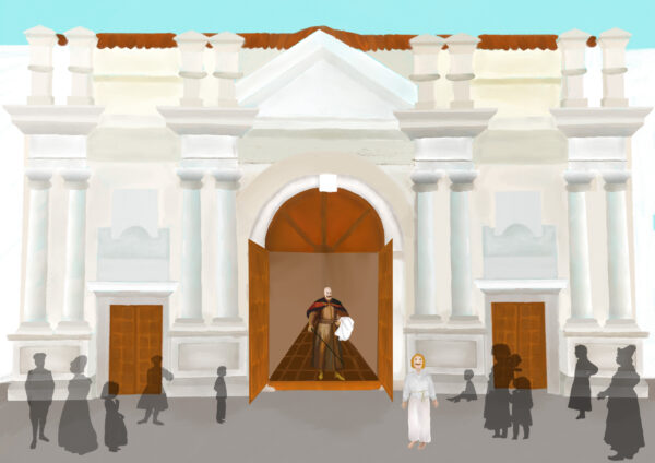 Kadr z filmu animowanego, jasna fasada budynku z kolumnami, w drzwiach stoi postać, a przed wejściem widoczne są sylwetki ludzi.