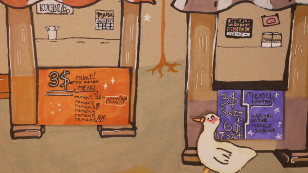 Kadr z filmu animowanego, rysunkowa gęś stoi obok tablic z menu i cenami, na tle stylizowanego wnętrza.