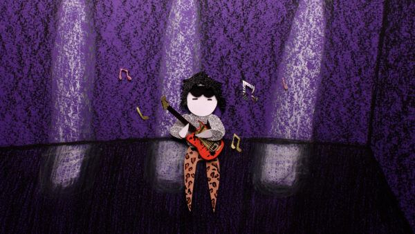 Kadr z filmu animowanego, postać siedzi na scenie i trzyma gitarę, a wokół niej unoszą się kolorowe symbole nut.