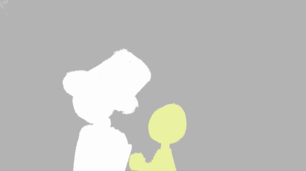 Kadr z filmu animowanego, dwie uproszczone postacie w jasnych kolorach stoją naprzeciw siebie na jednolitym tle i wyciągają do siebie ręce.