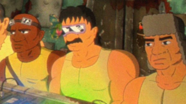 Kadr z filmu animowanego, trzy rysunkowe postacie siedzą obok siebie w pomieszczeniu, patrząc w jednym kierunku, a przed nimi znajduje się stół lub panel.