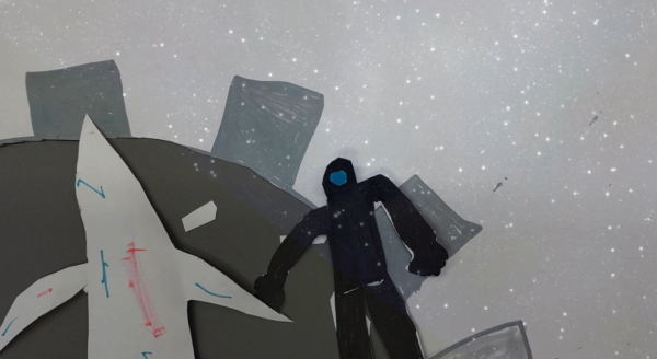 Kadr z filmu animowanego, ciemna postać stoi obok białego kształtu na tle gwiaździstego nieba