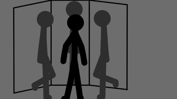 Kadr z filmu animowanego, ciemna sylwetka postaci stoi przed lustrem, w którym odbijają się inne, jaśniejsze sylwetki po obu stronach.