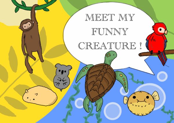Kadr z filmu animowanego, rysunkowe zwierzęta, w tym małpa, żółw, papuga i inne stworzenia, otaczają napis „Meet My Funny Creature!” w kolorowej kompozycji.