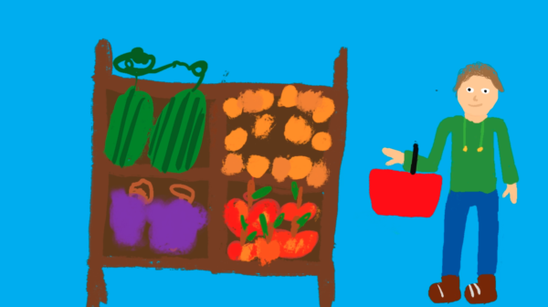 Kadr z filmu animowanego ukazuje narysowaną postać stojącą obok regału z owocami i warzywami oraz trzymającą koszyk.