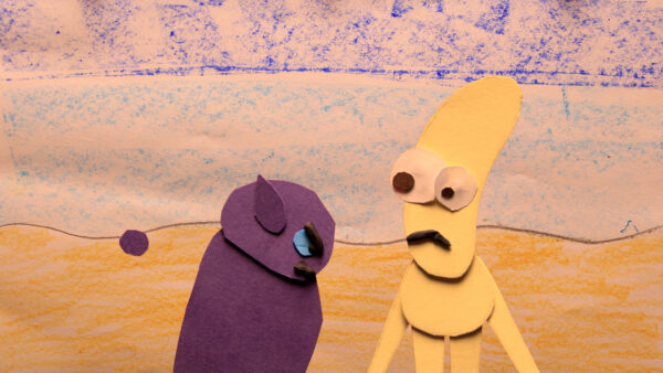 Kadr z filmu animowanego, dwie uproszczone postacie z papieru stoją naprzeciw siebie na tle plaży i morza, jakby prowadziły rozmowę.