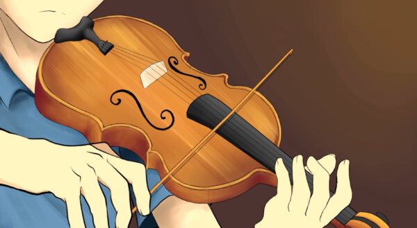 Kadr z filmu animowanego, zbliżenie na dłonie trzymające skrzypce i smyczek podczas gry na instrumencie.