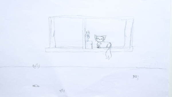 Kadr z filmu animowanego ukazuje szkic kota siedzącego na parapecie, narysowany ołówkiem na białej kartce.