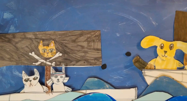 Kadr z filmu animowanego przedstawia papierowe postacie zwierząt znajdujące się na łodzi na falach.