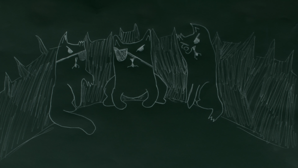 Kadr z filmu animowanego, trzy narysowane zwierzęta przypominające niedźwiedzie stoją obok siebie na ciemnym tle