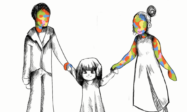 Kadr z filmu animowanego, rysunkowy mężczzna i rysunkowa kobieta trzymają za ręce czarno-białą, rysunkową dziewczynkę, która stoi między nimi