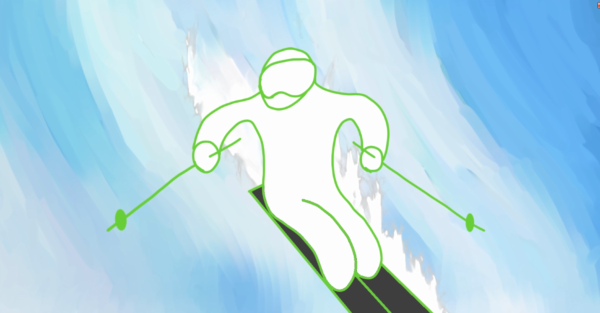 Kadr z filmu animowanego, uproszczona postać narciarza zjeżdża ze stoku na tle jasnoniebieskiego, malowanego tła.