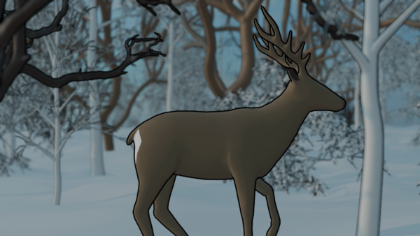 Kadr z filmu animowanego, jeleń z rozłożystym porożem stoi w zimowym lesie pełnym nagich drzew i śniegu.