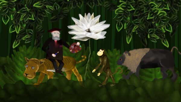 Kadr z filmu animowanego, postać mężczyzny siedzi na tygrysie w gęstej dżungli, obok stoi małpa, a po prawej stronie znajduje się duże dzikie zwierzę.