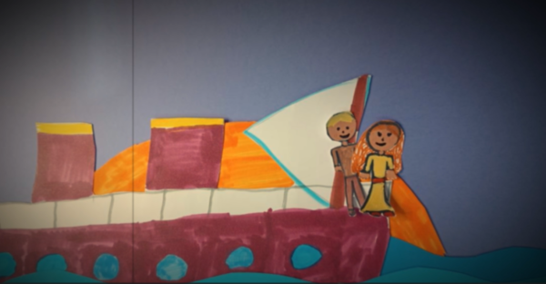 Kadr z filmu animowanego, dwie papierowe postacie stoją na pokładzie dużego statku płynącego po wodzie.