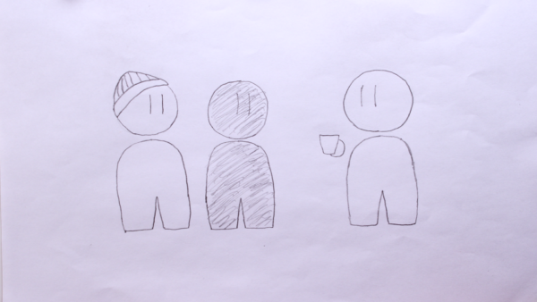 Kadr z filmu animowanego, trzy uproszczone, narysowane postacie stoją obok siebie, a jedna z nich trzyma kubek w dłoni.