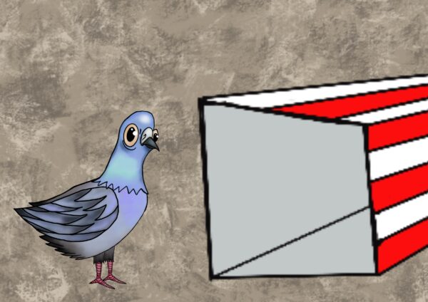 Kadr z filmu animowanego, narysowany gołąb stoi obok prostokątnego pudełka w biało-czerwone pasy na jednolitym tle.